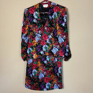 David Warren New York, Floral Silk Blazer and Skirt Set, Size 14